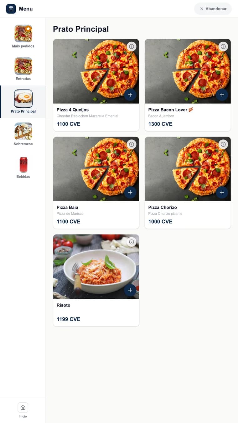 Ecrã real do kiosk: menu com fotos