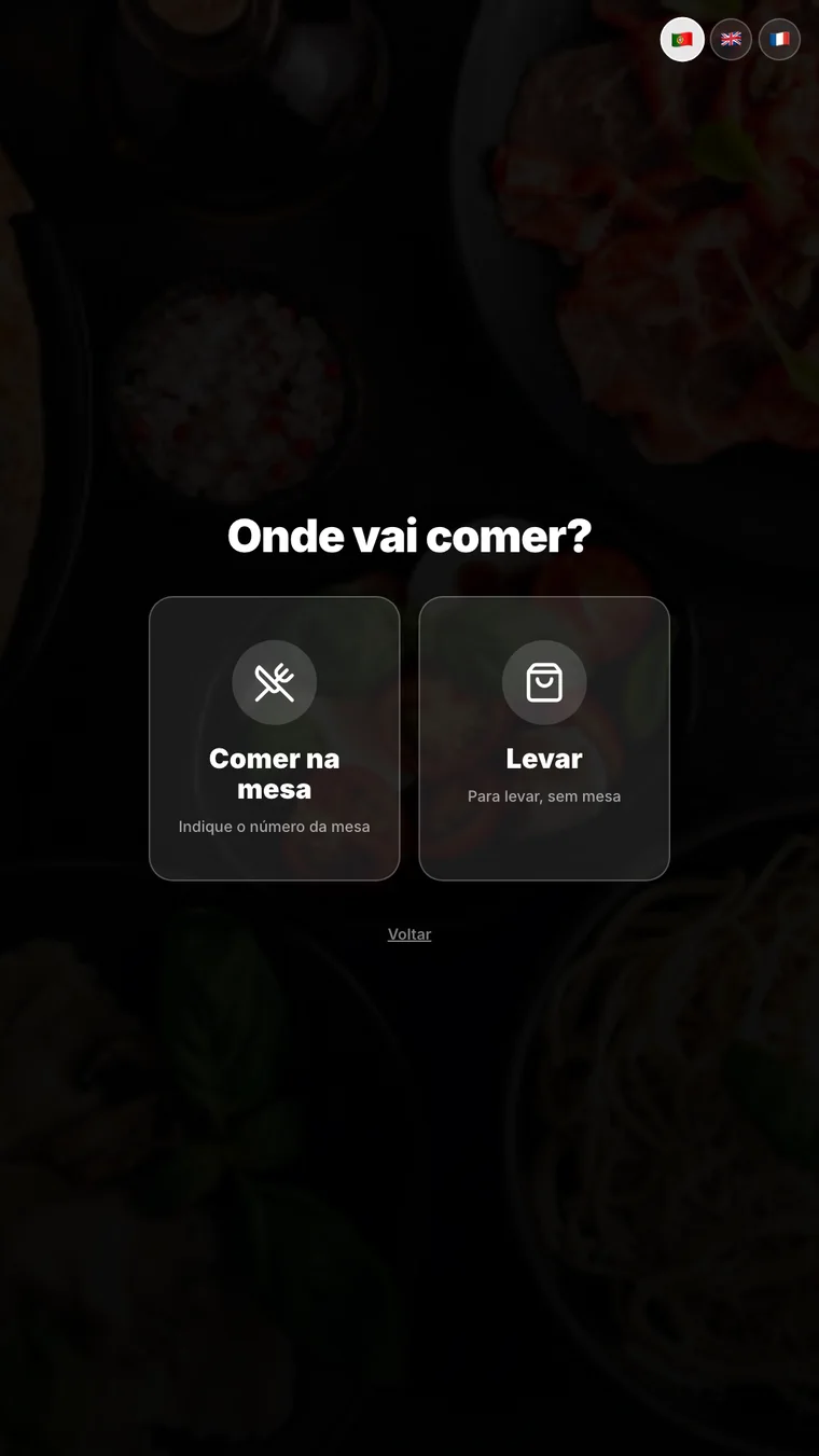 Ecrã real do kiosk: Mesa ou levar