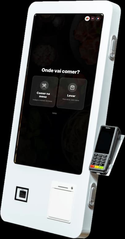 Ecrã self-order de parede com o ecrã Dineo “Onde vai comer?” e leitor de cartão